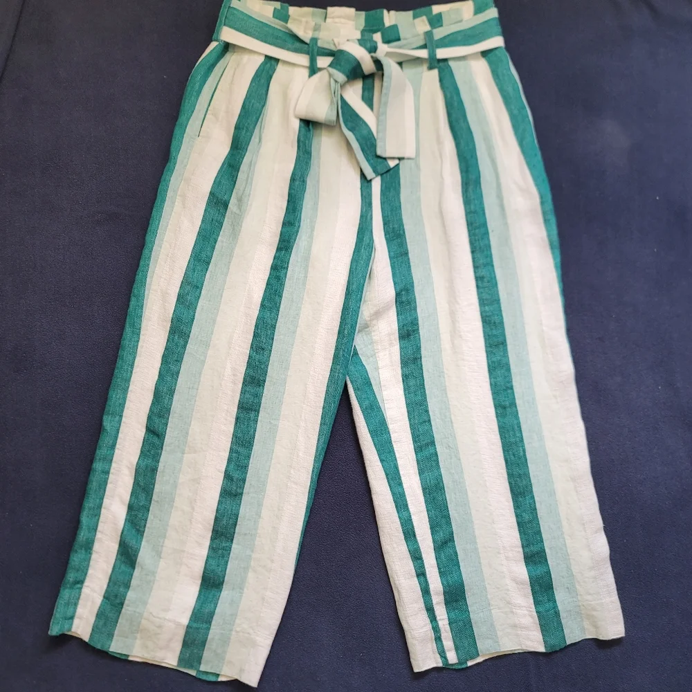 J.CREW Paper Bag Linen Pant In Cabana Stripe Women's Size10 Turquoise Jade White